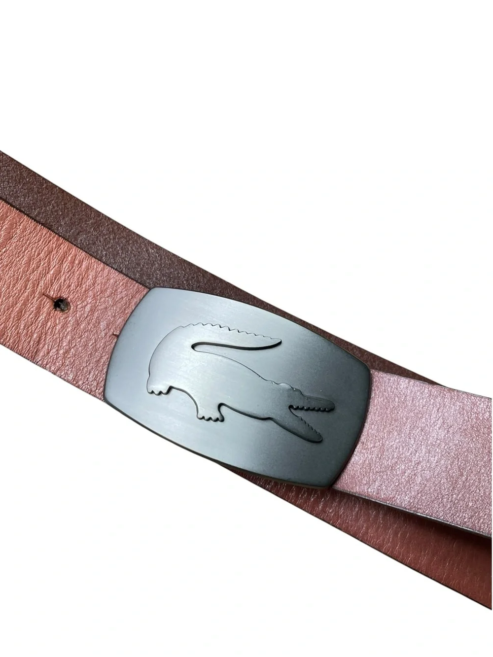 Lacoste Men’s Leather Debossed Logo Wide Brown Belt Sz 38 Large Buckle Alligator
